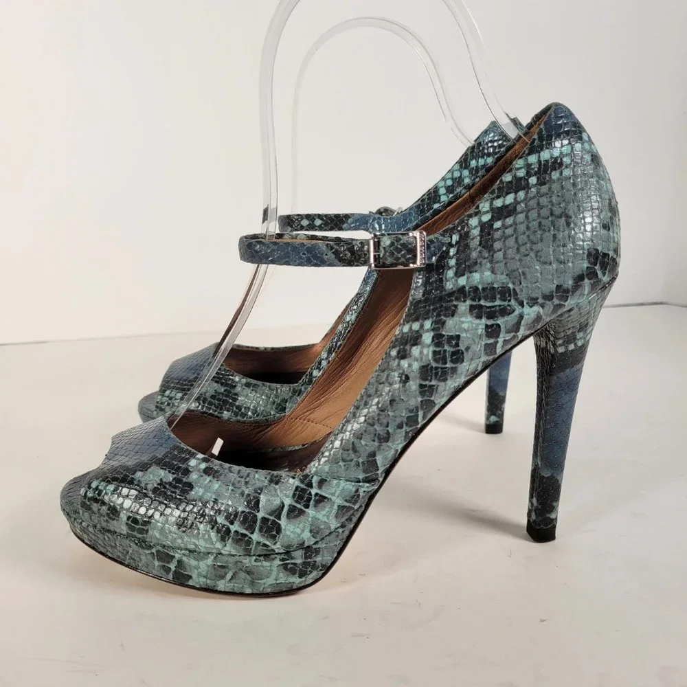 Coach Teal and Navy Snakeskin Mary Jane Peep-Toe Heels—Sz 6.5
